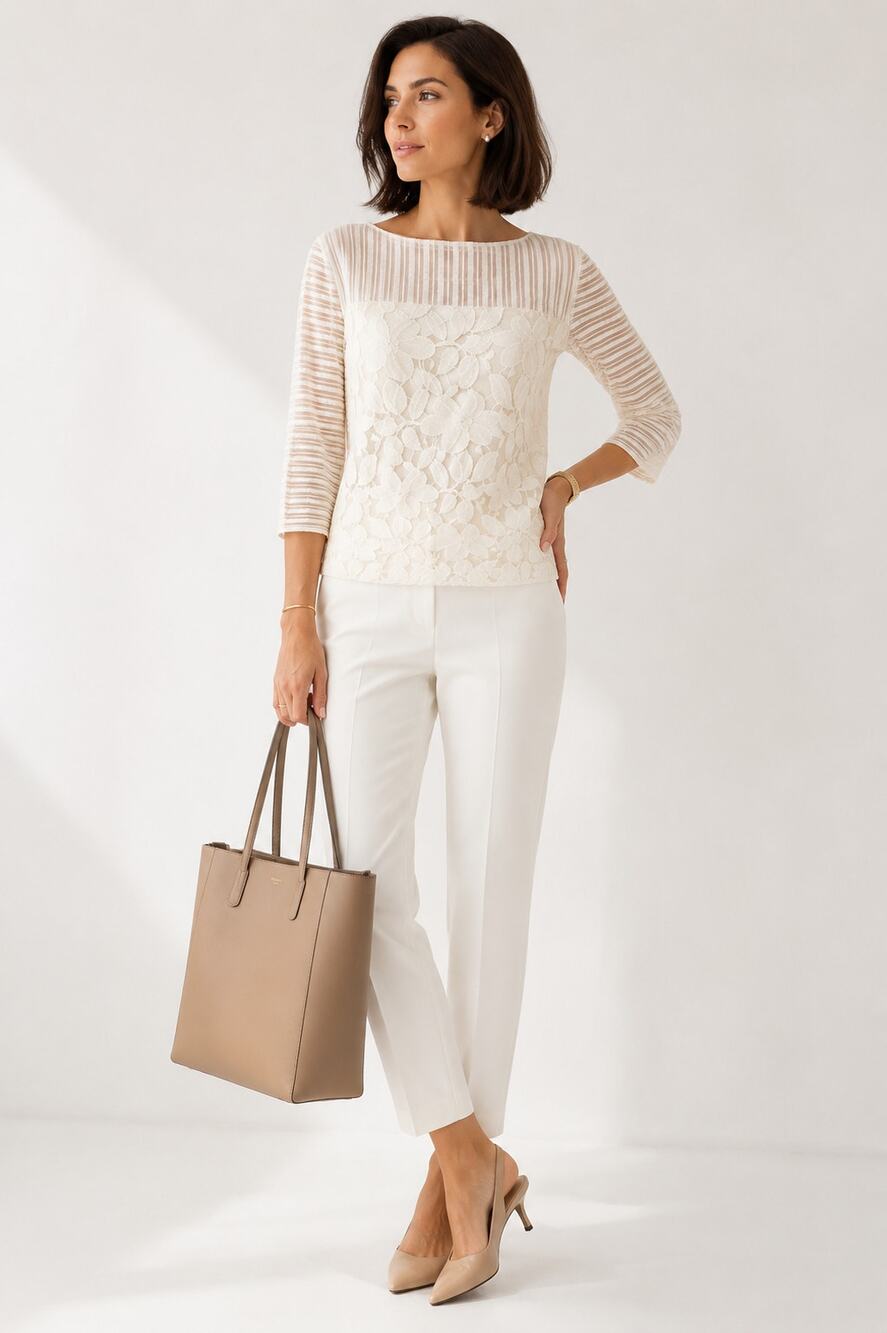 Tory Burch Cream Lace Front Boat Neck Top Sheer Stripe Sleeves 3/4 Sleeve Small